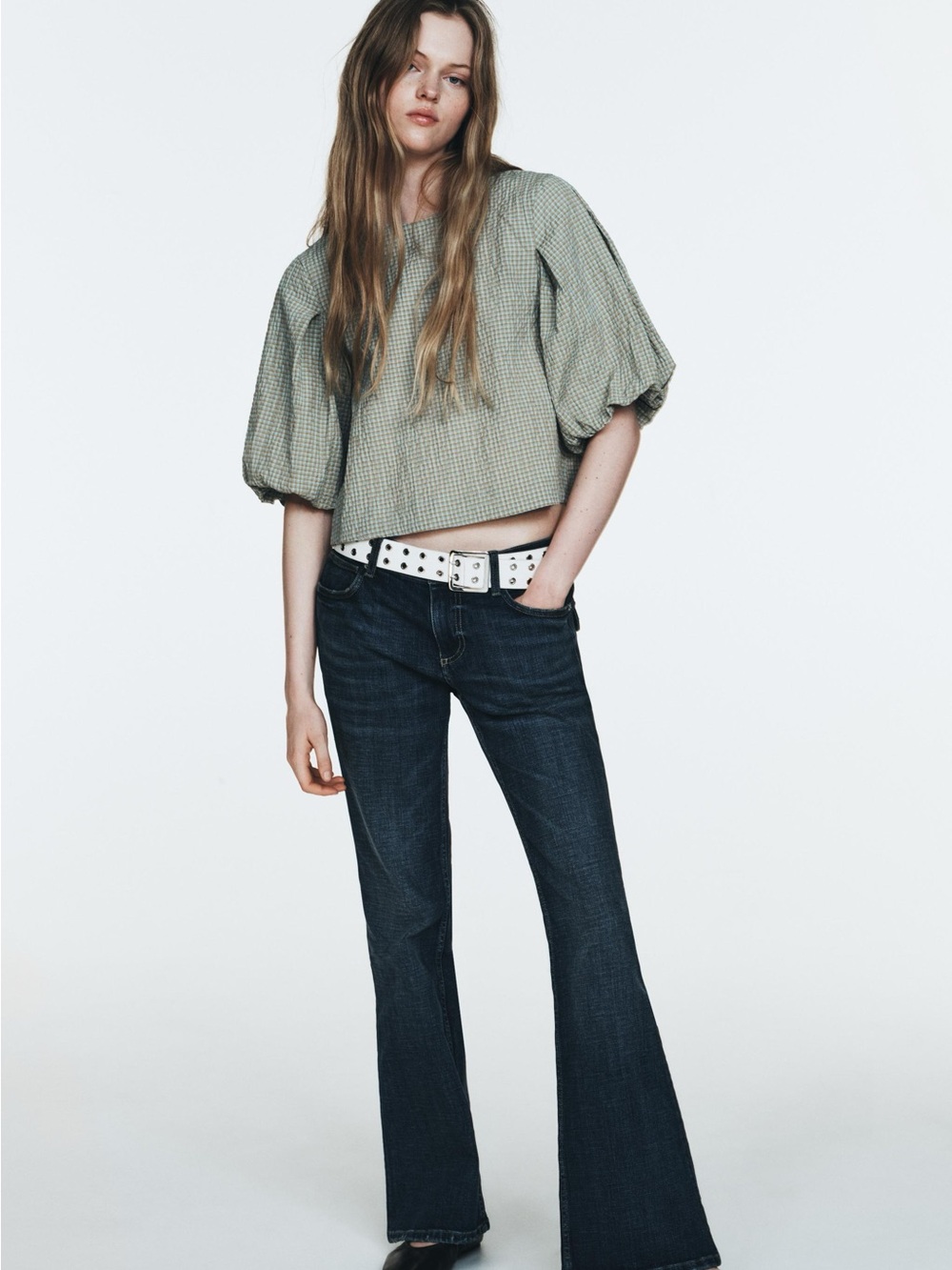 Zara Cream Gingham Puff-Sleeve Cropped Blouse
